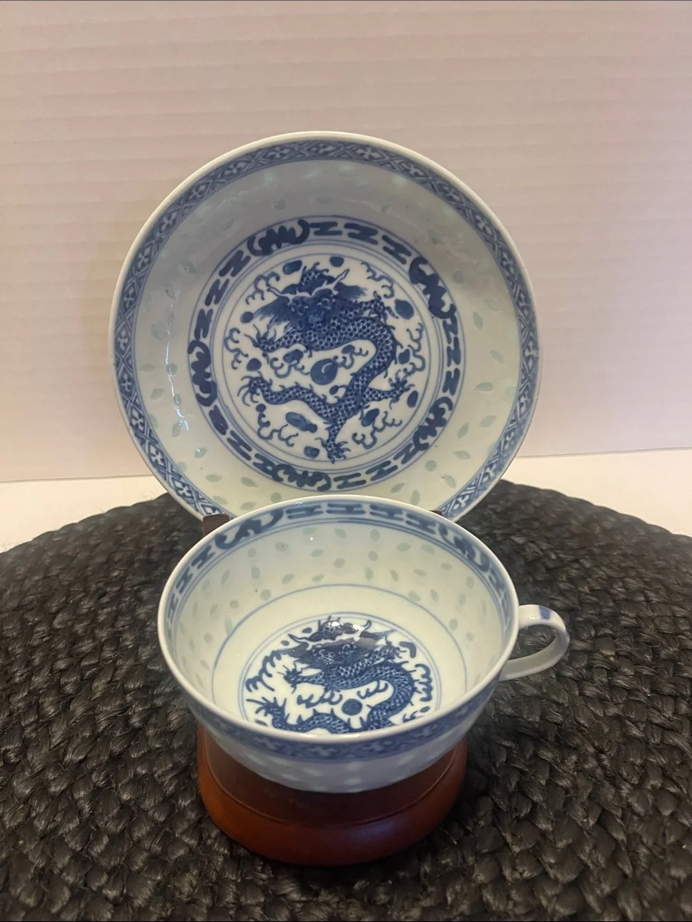 Vintage linglong Blue Dragon Porcelain Teacup & Saucer Set